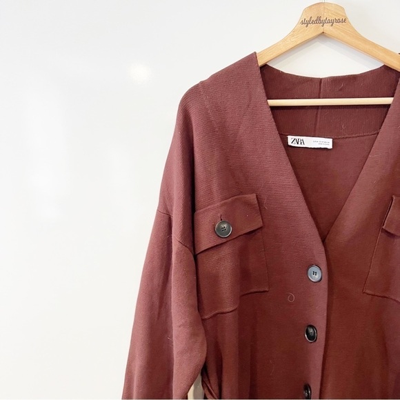 Zara Brown Knit Trench Coat with Belt - Picture 8 of 16